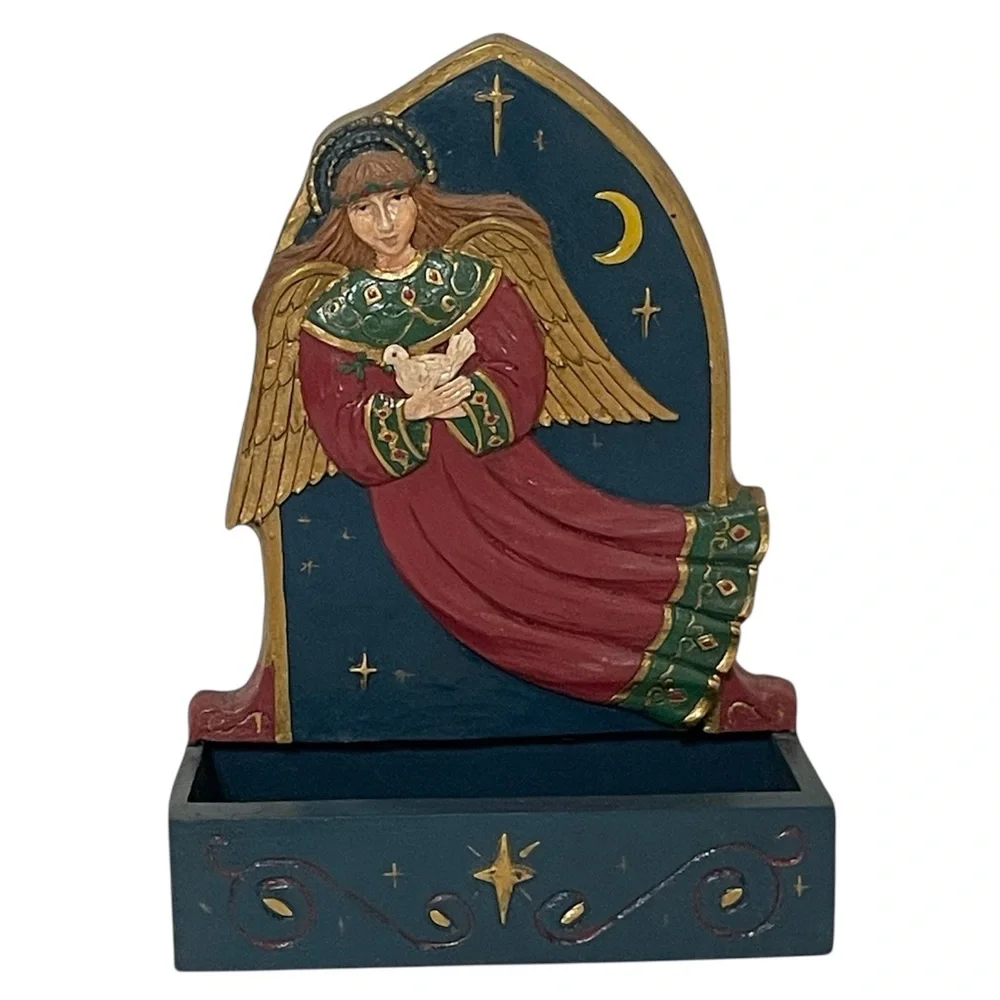 1990s Folk Art Wood Standing or Hangable Box Angel Dove Christmas Motif
